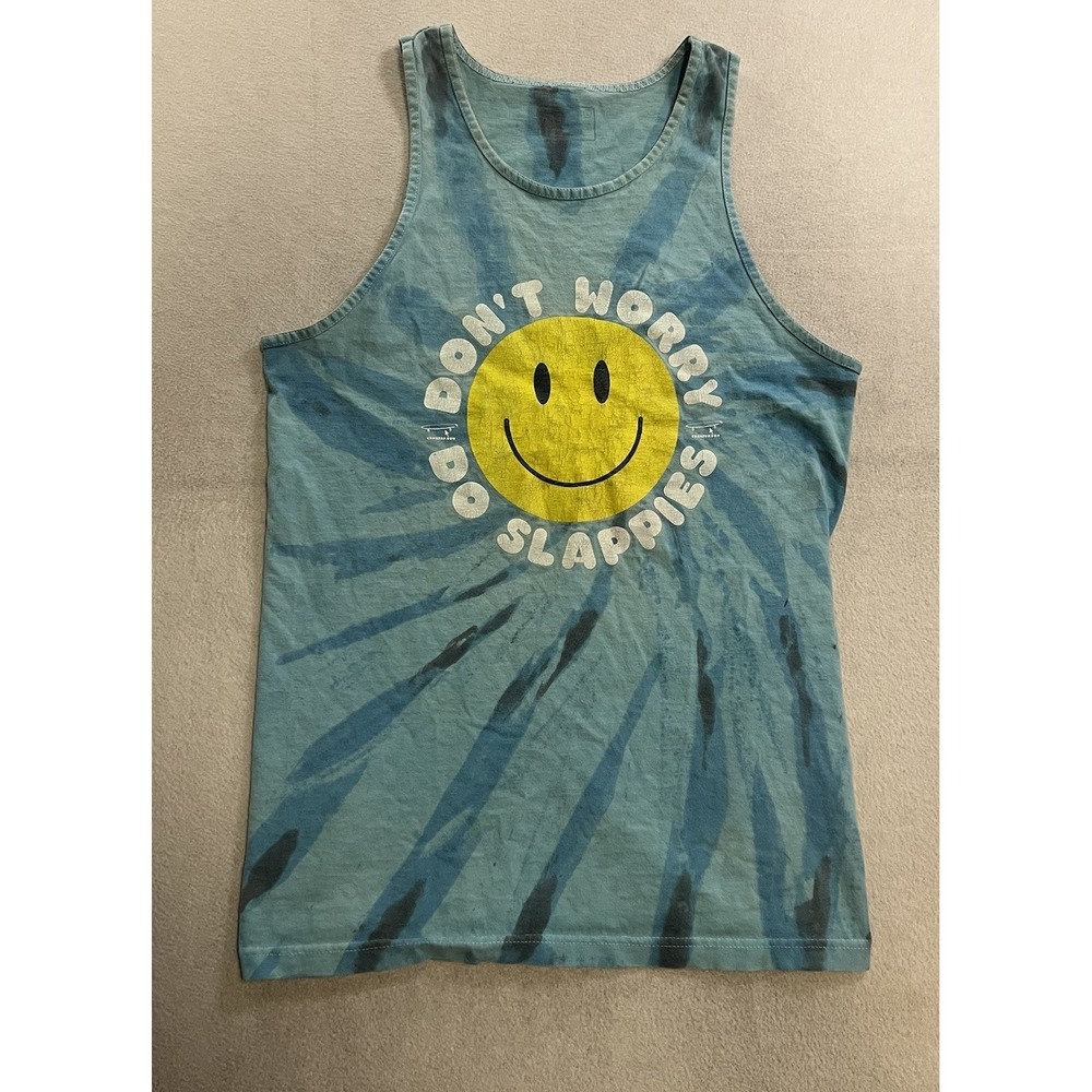 Vintage GIRL Skateboards Tank Top Shirt Large Blue Tie Dye Smiley Face Tee Y2K